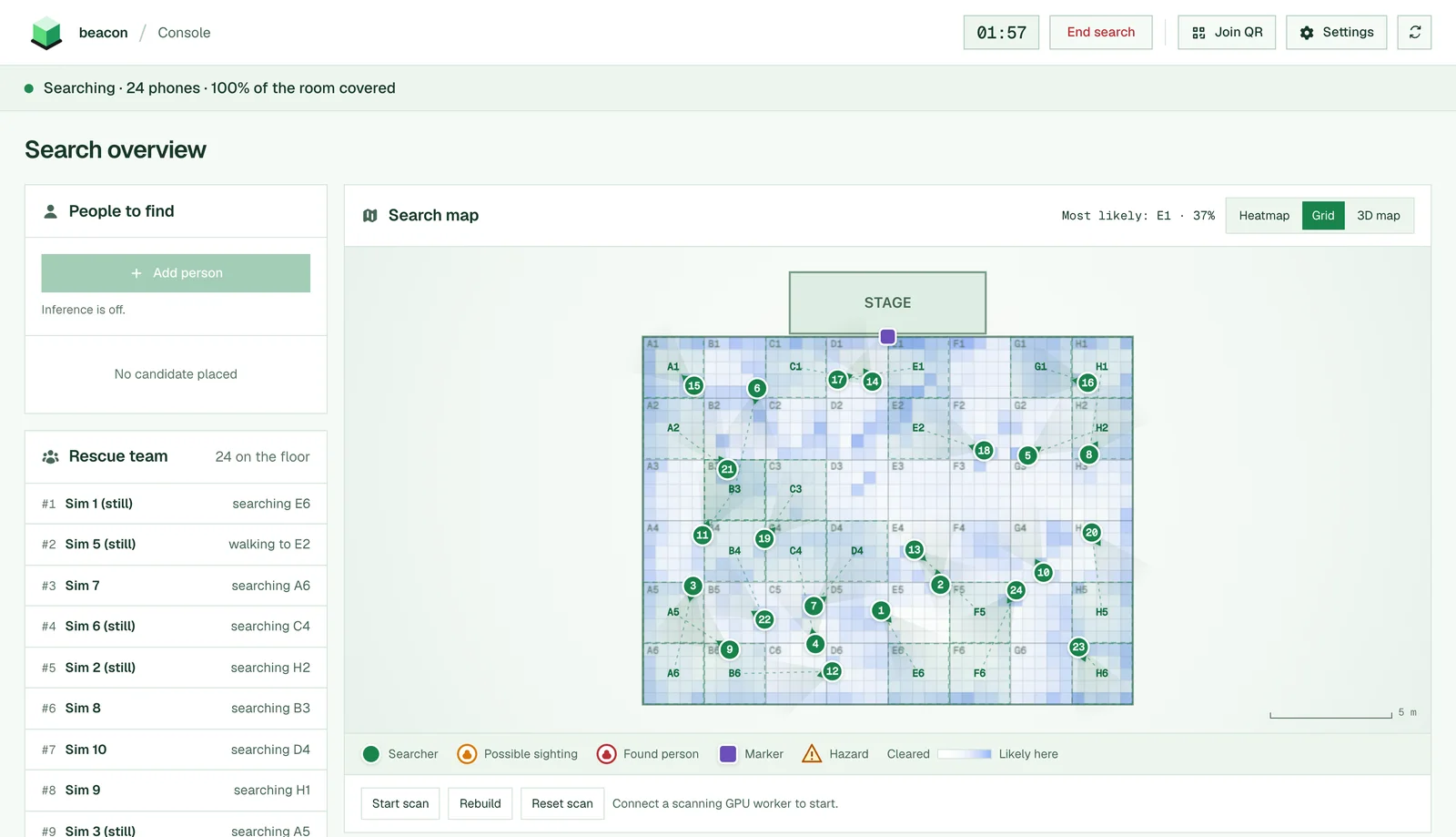 Beacon operator console during a search: the floor plan split into a lettered grid with 24 phones assigned to sectors, their planned paths, and a roster showing what each phone is doing