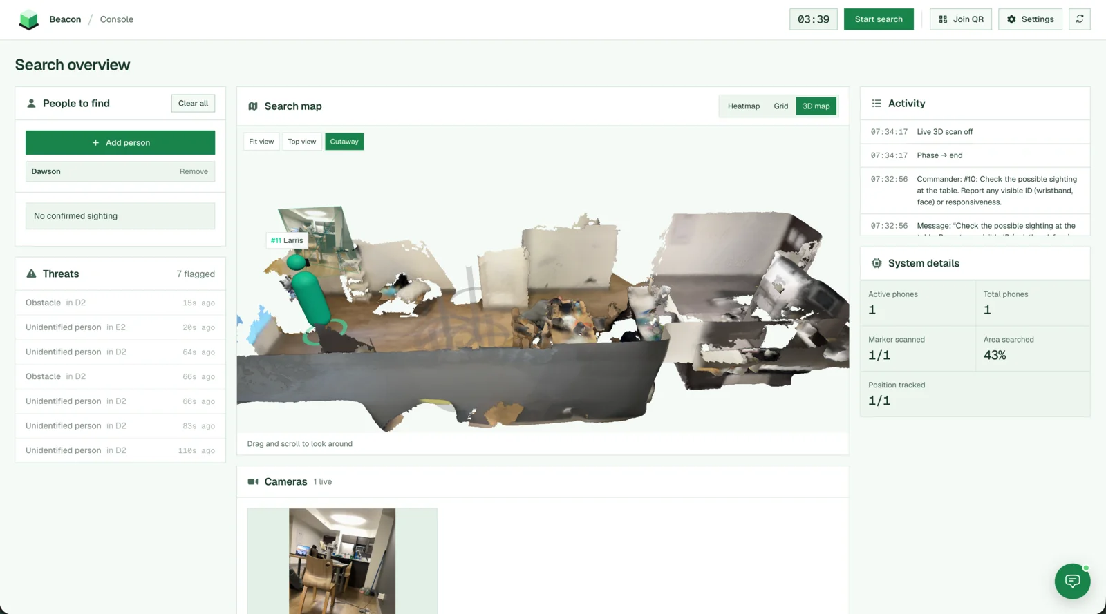 Beacon console’s 3D map showing the room reconstructed from phone frames, with a searcher placed inside it, a threats list and system details