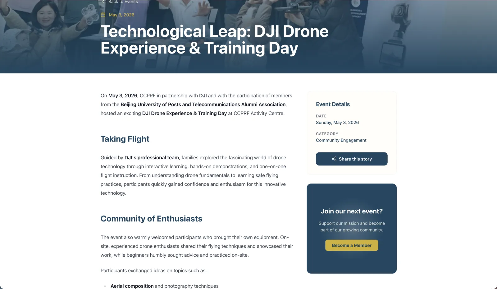 A CCPRF event post, Technological Leap: DJI Drone Experience & Training Day, with the article beside an event details card and a Become a Member prompt