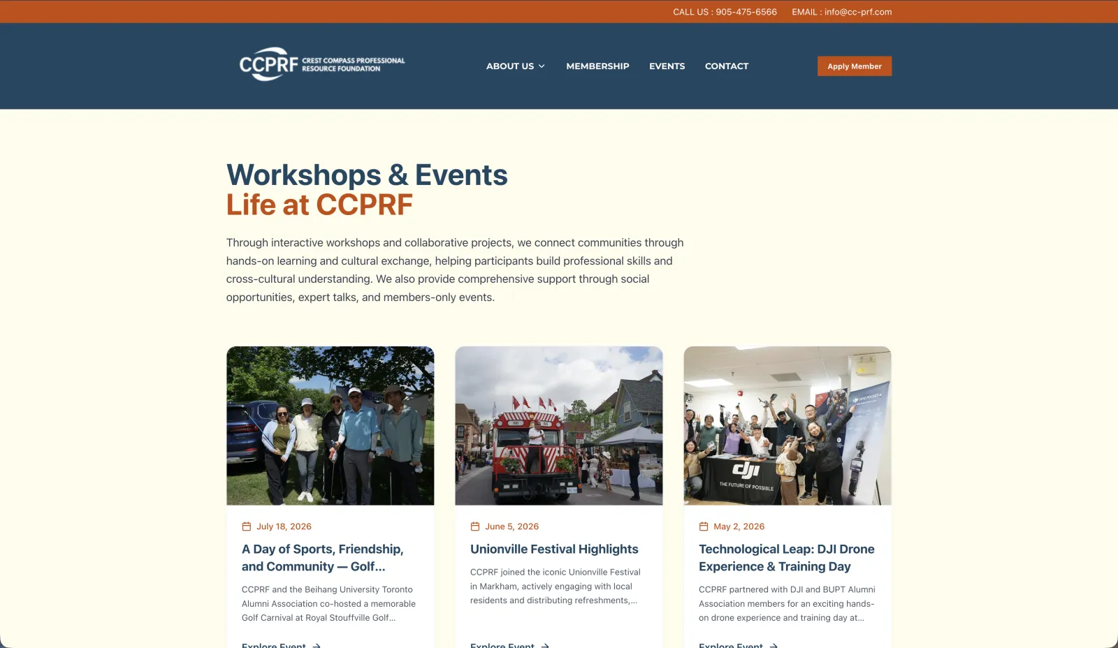 CCPRF Workshops & Events page with cards for a golf day, the Unionville Festival and a DJI drone training day