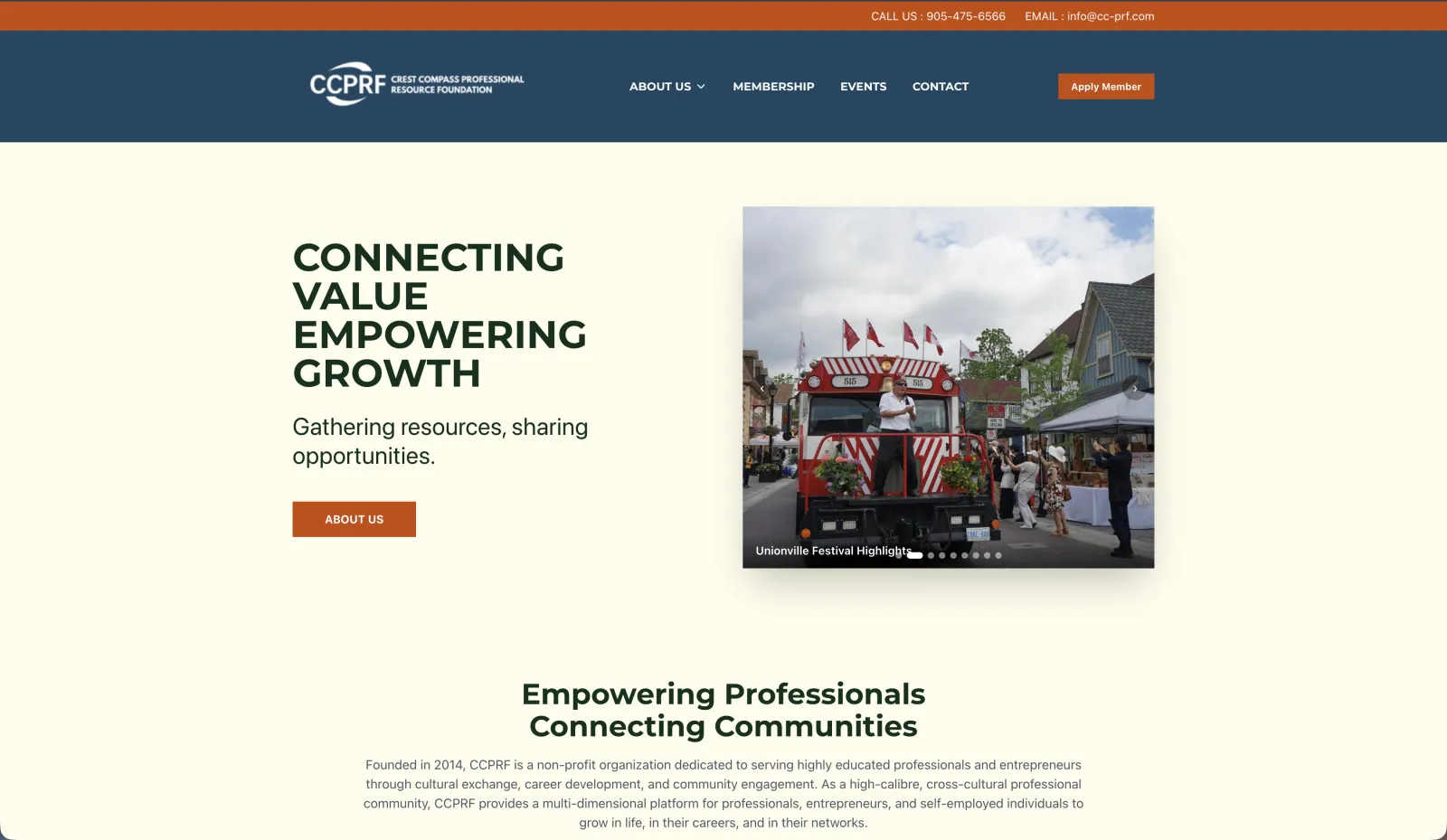 CCPRF home page: the Connecting Value, Empowering Growth hero beside a Unionville Festival photo carousel, over the foundation’s introduction
