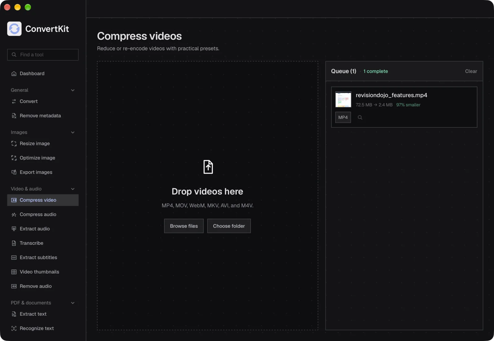 ConvertKit’s compress-video result: the MP4 went from 72.5 MB to 2.4 MB, 97% smaller