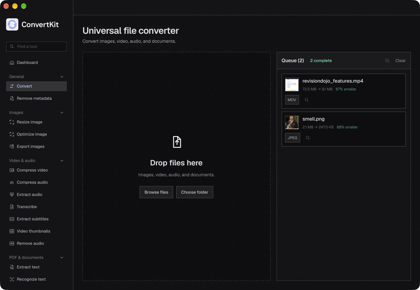 ConvertKit’s converter after a real run: an MP4 turned into a MOV, 72.5 MB to 9.1 MB, and a PNG turned into a JPEG, 2.1 MB to 247 KB