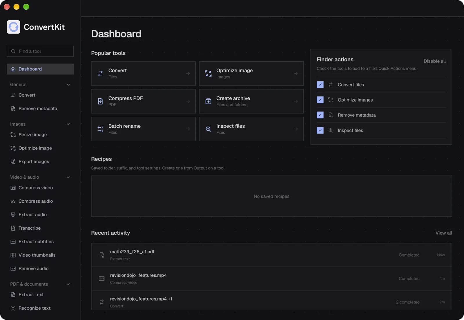 ConvertKit dashboard with popular tools, Finder quick actions and today’s jobs in recent activity