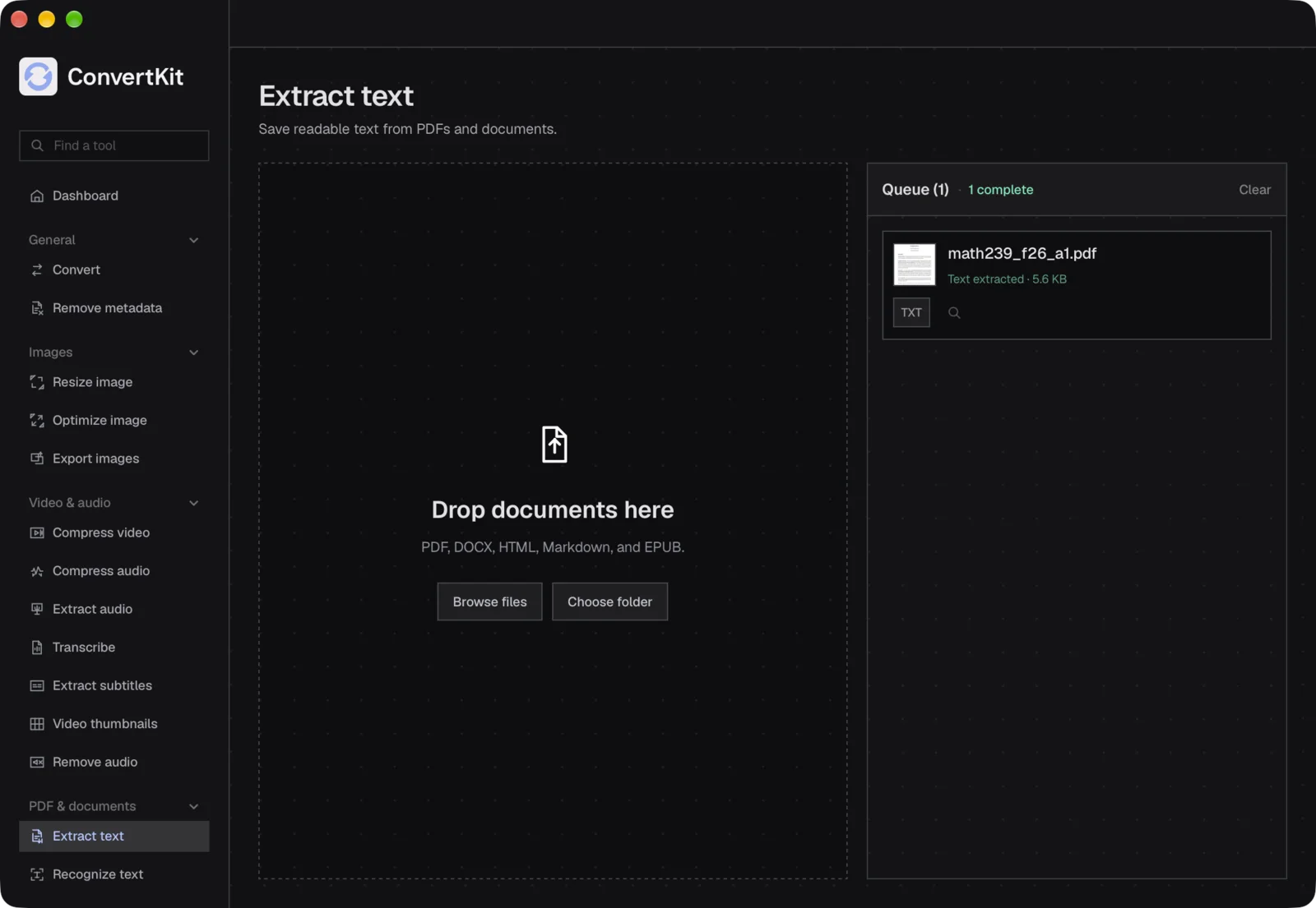 ConvertKit’s extract-text tool after pulling 5.6 KB of text out of a math assignment PDF