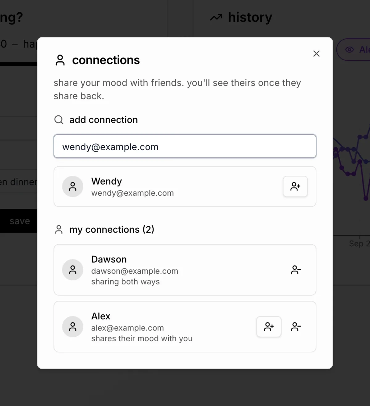 Connections dialog: an exact-email search finding Wendy with an add button, and connections Dawson, sharing both ways, and Alex, who shares their mood with you