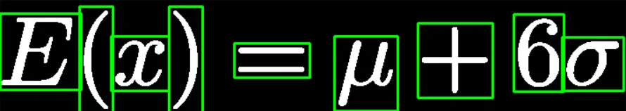 The equation E(x) = μ + 6σ with a green contour box drawn around each detected symbol