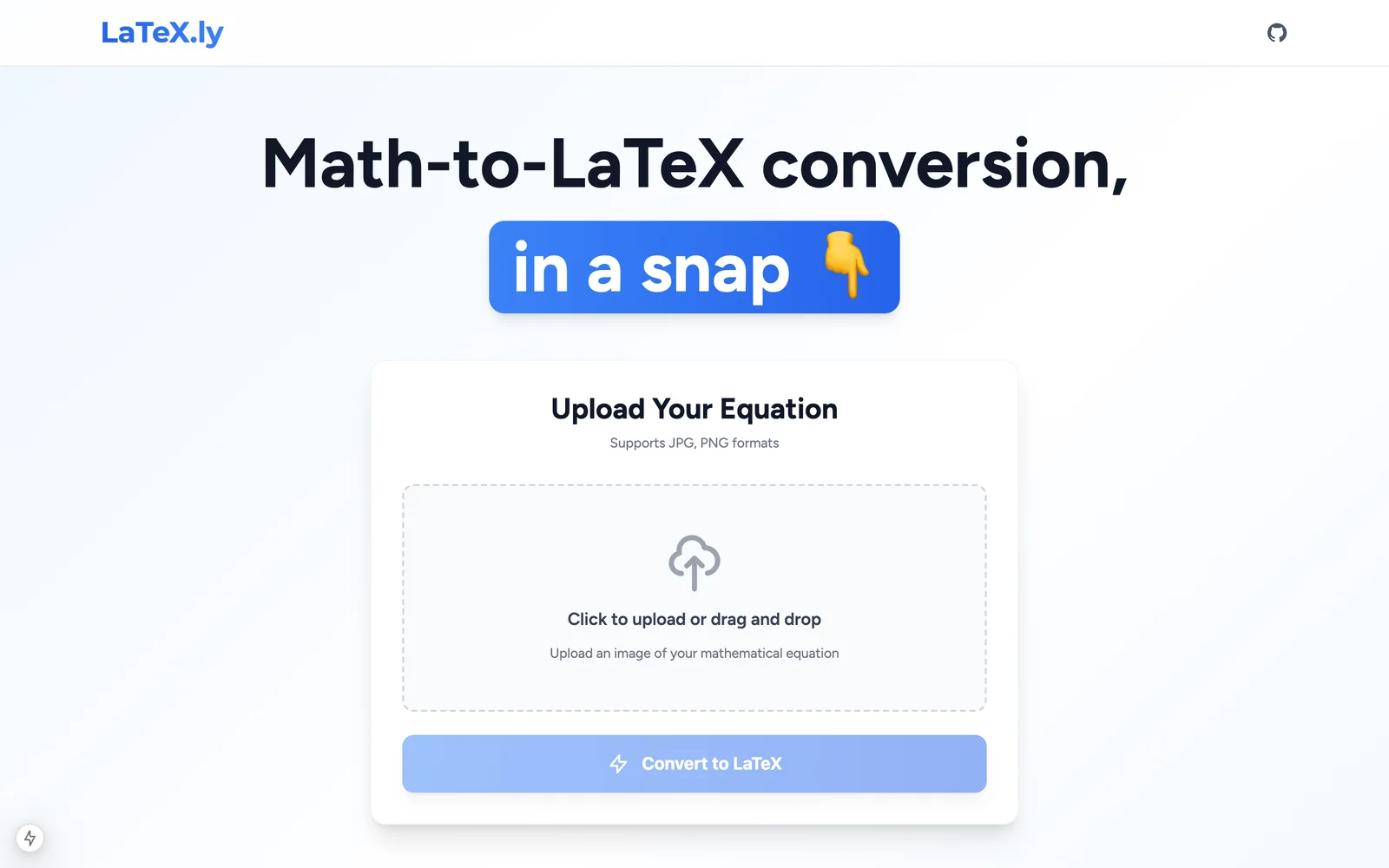 LaTeX.ly landing page with an upload card for equation images