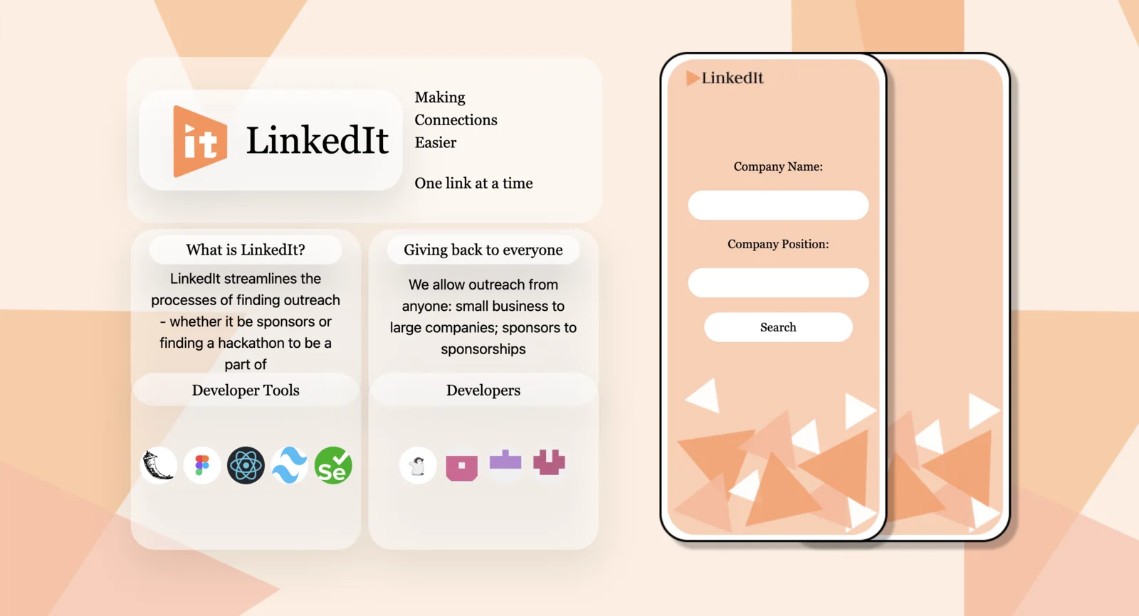 LinkedIt home page with an info panel and two phone mockups holding the company and position search form