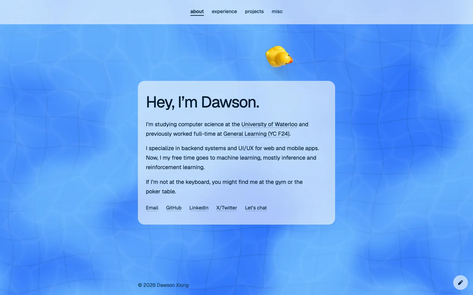 The about page: a frosted card introducing Dawson over a blue WebGL pool, with a rubber duck floating above it