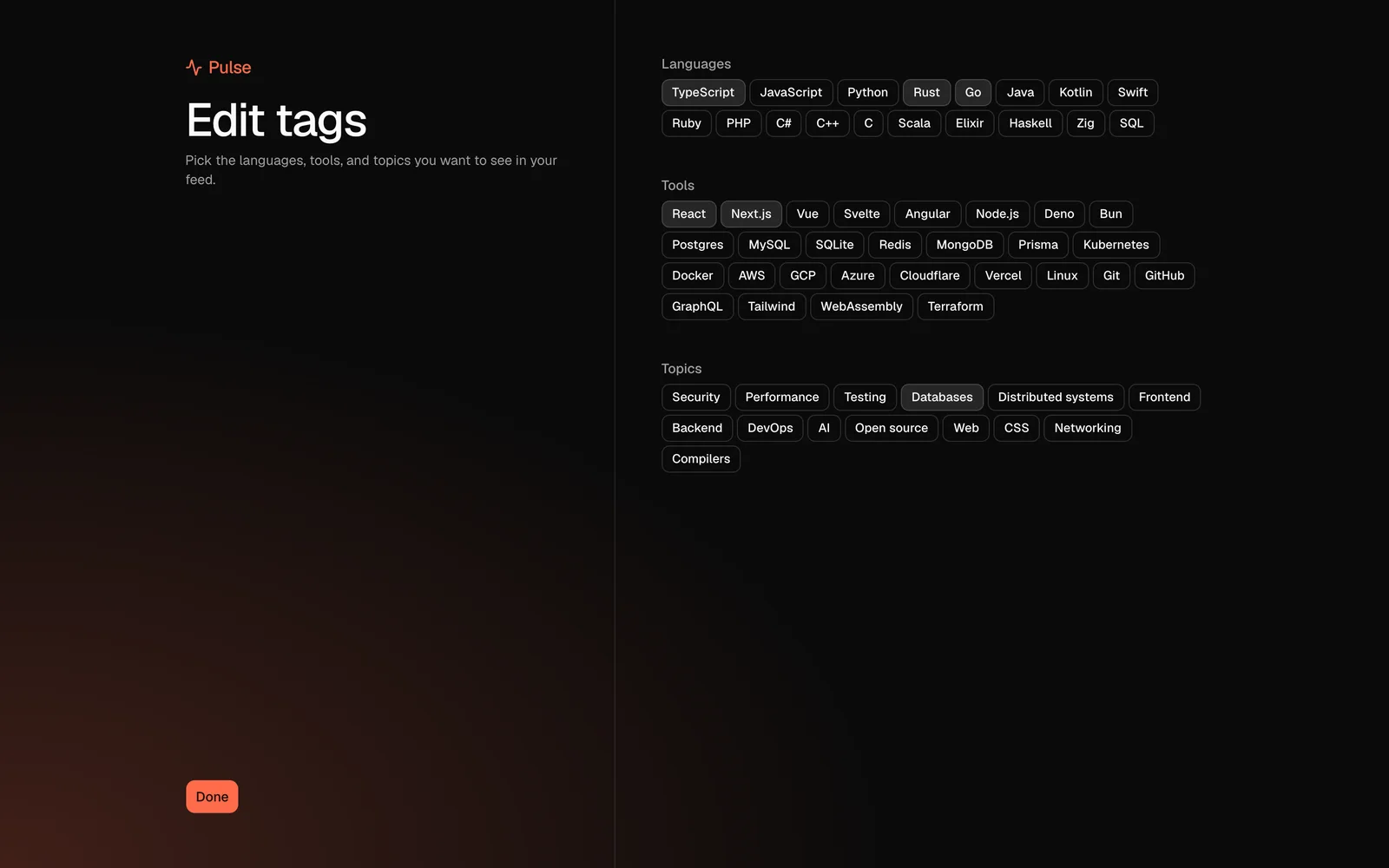 Pulse’s Edit tags page: languages, tools and topics as toggle chips, with TypeScript, Rust, Go, React, Next.js and Databases selected