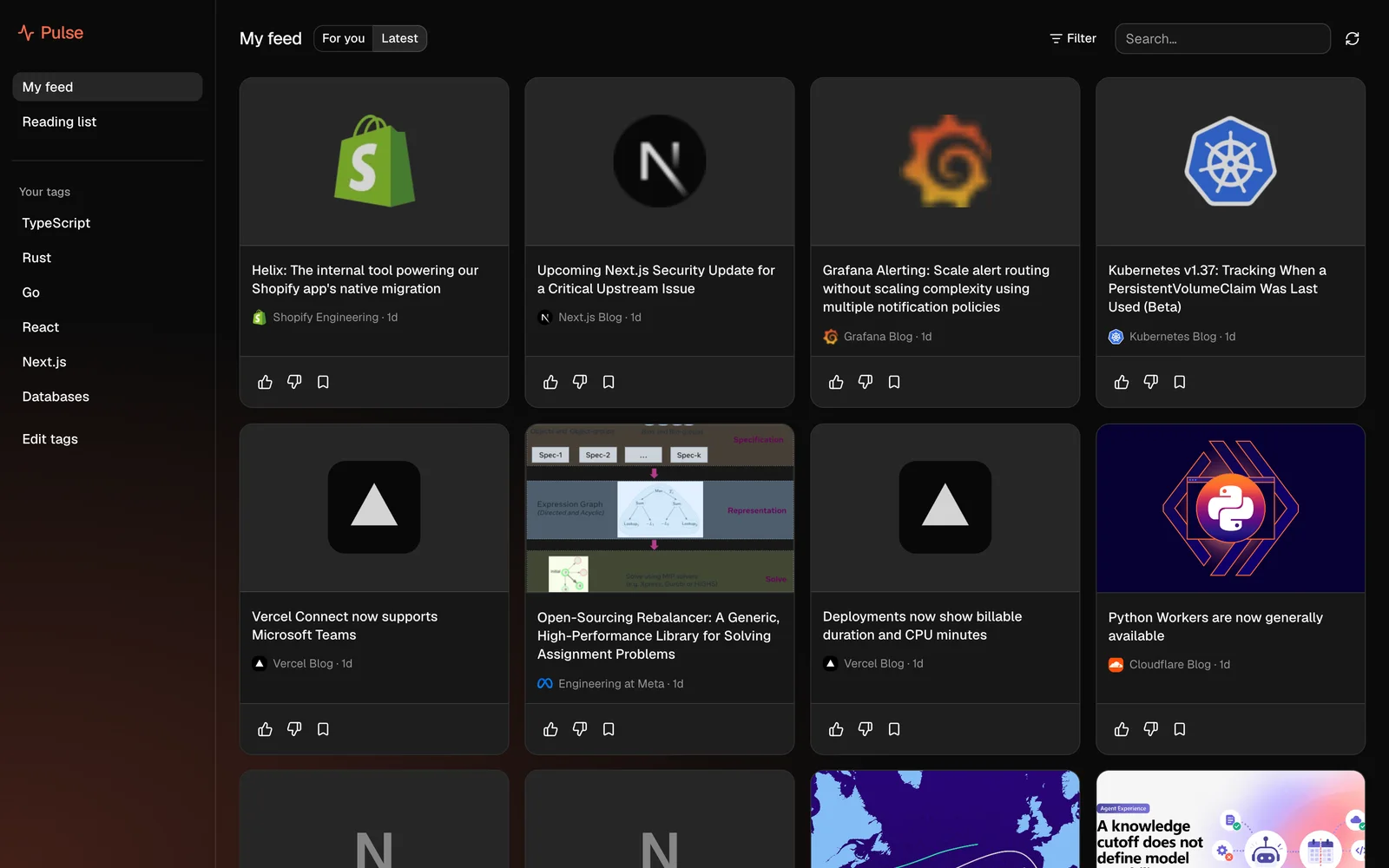 Pulse new-tab page showing a grid of developer news stories with source icon, age, vote and save buttons, a tag sidebar, and For you / Latest, Filter and Search controls
