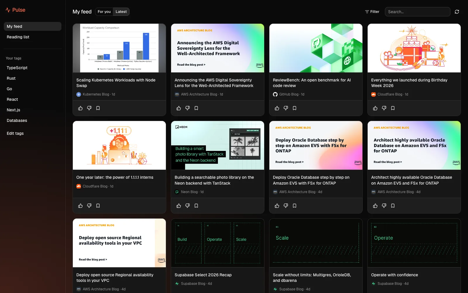 Pulse new-tab page showing a grid of developer news stories, each with a thumbnail, source icon, age, and vote and save buttons, beside a tag sidebar with For you / Latest, Filter and Search controls
