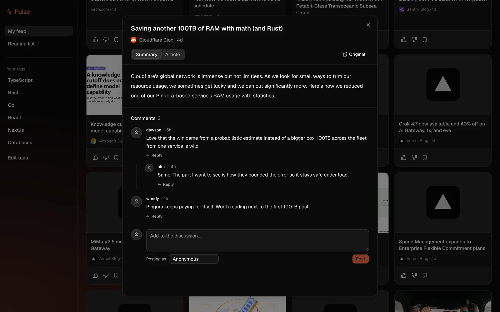 A Pulse story opened over the feed: title, source and age, Summary and Article tabs, a link to the original, the summary text, and a threaded comments section with a reply nested under the first comment, a display-name field and a comment box