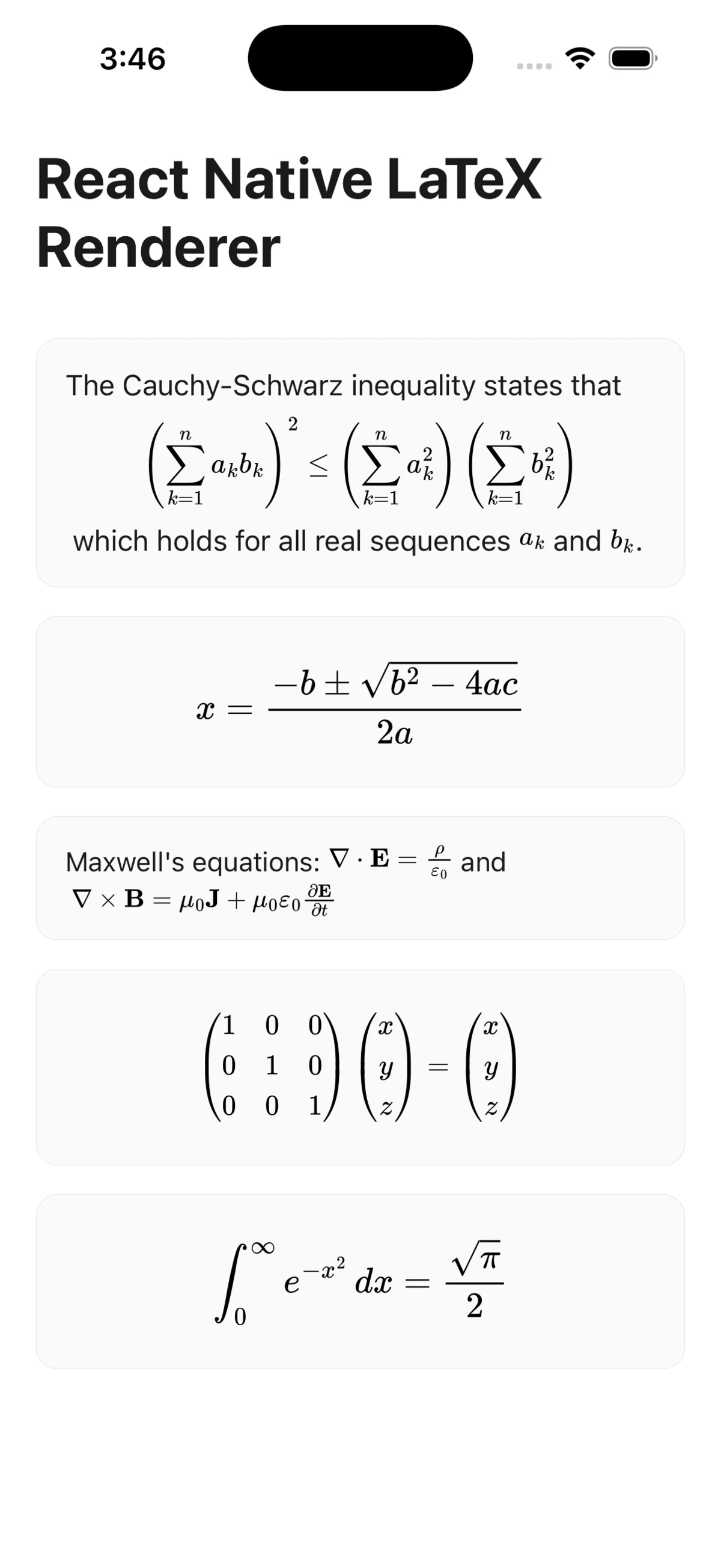 A React Native screen rendering mixed text and LaTeX equations natively with MathView