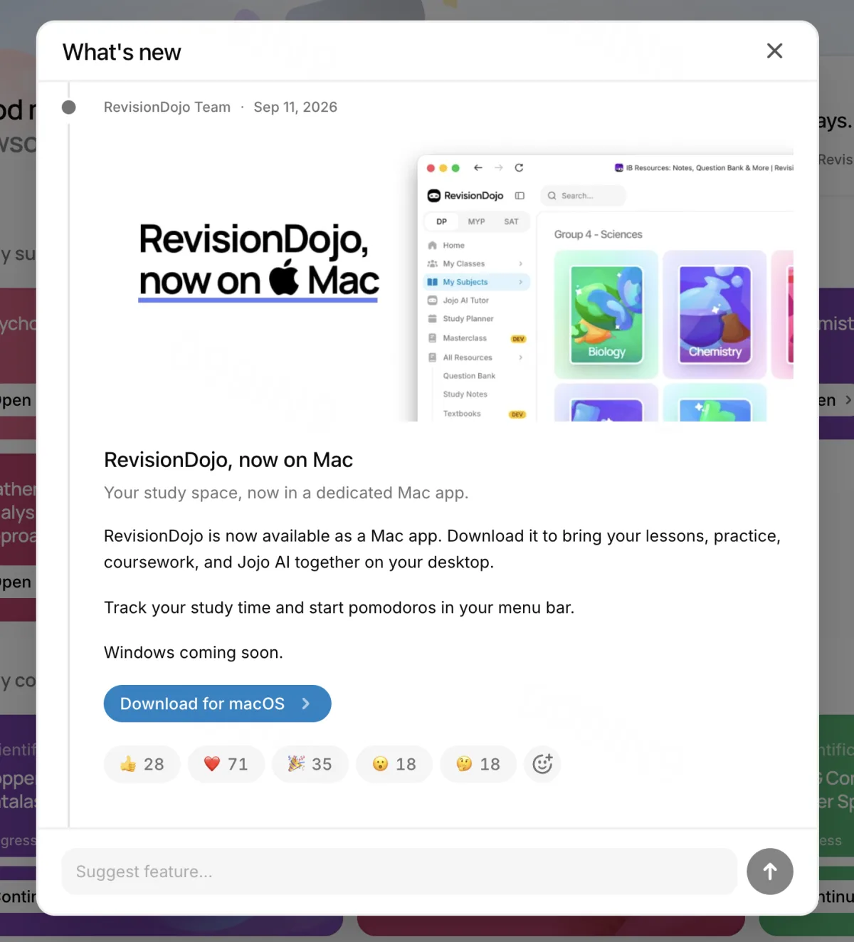RevisionDojo’s What’s new changelog announcing the Mac app, with emoji reactions and a Suggest feature box