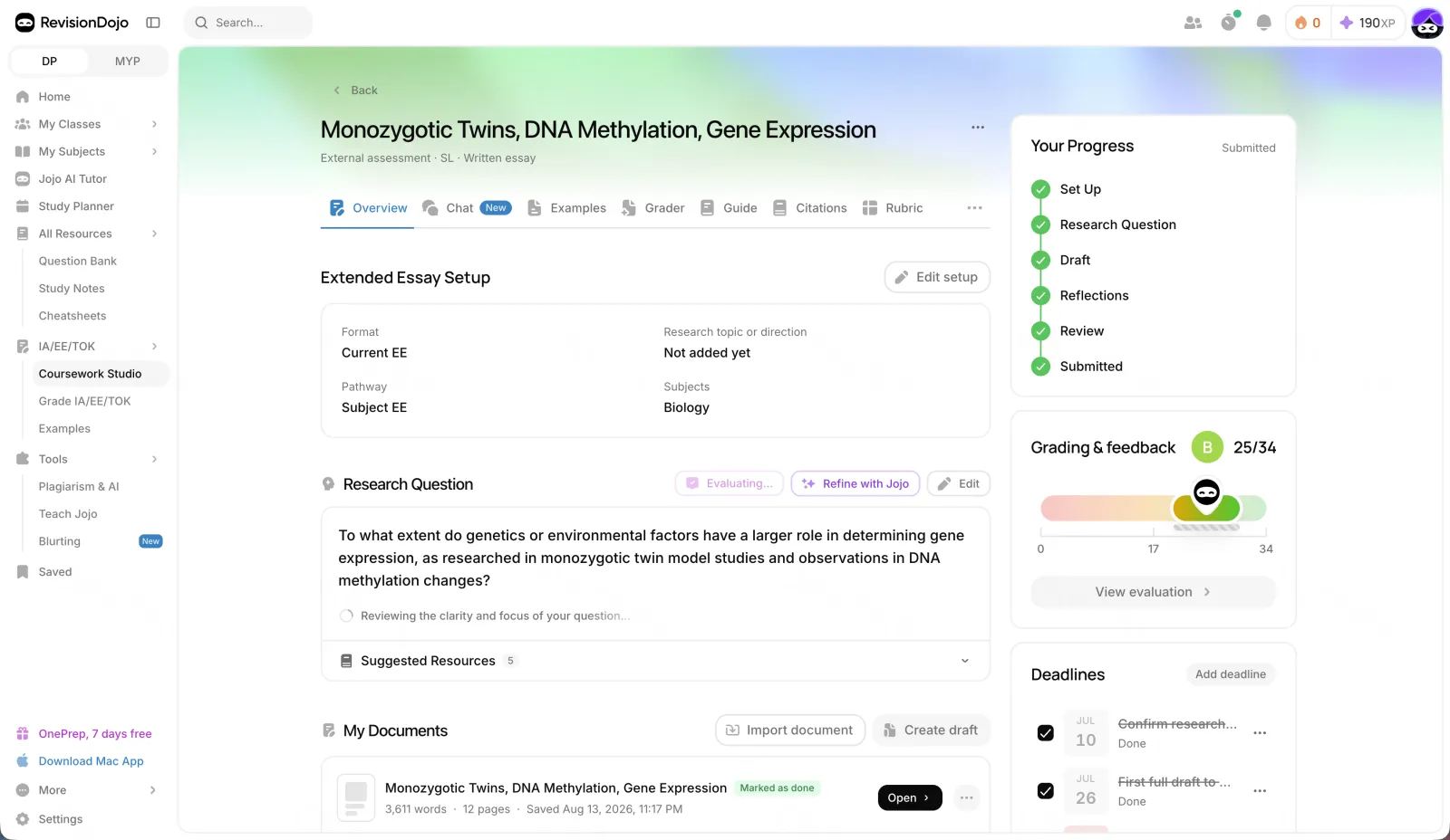 RevisionDojo Coursework Studio for a Biology extended essay: setup details, the research question being refined with Jojo, a submitted progress checklist, a 25/34 grade and deadlines