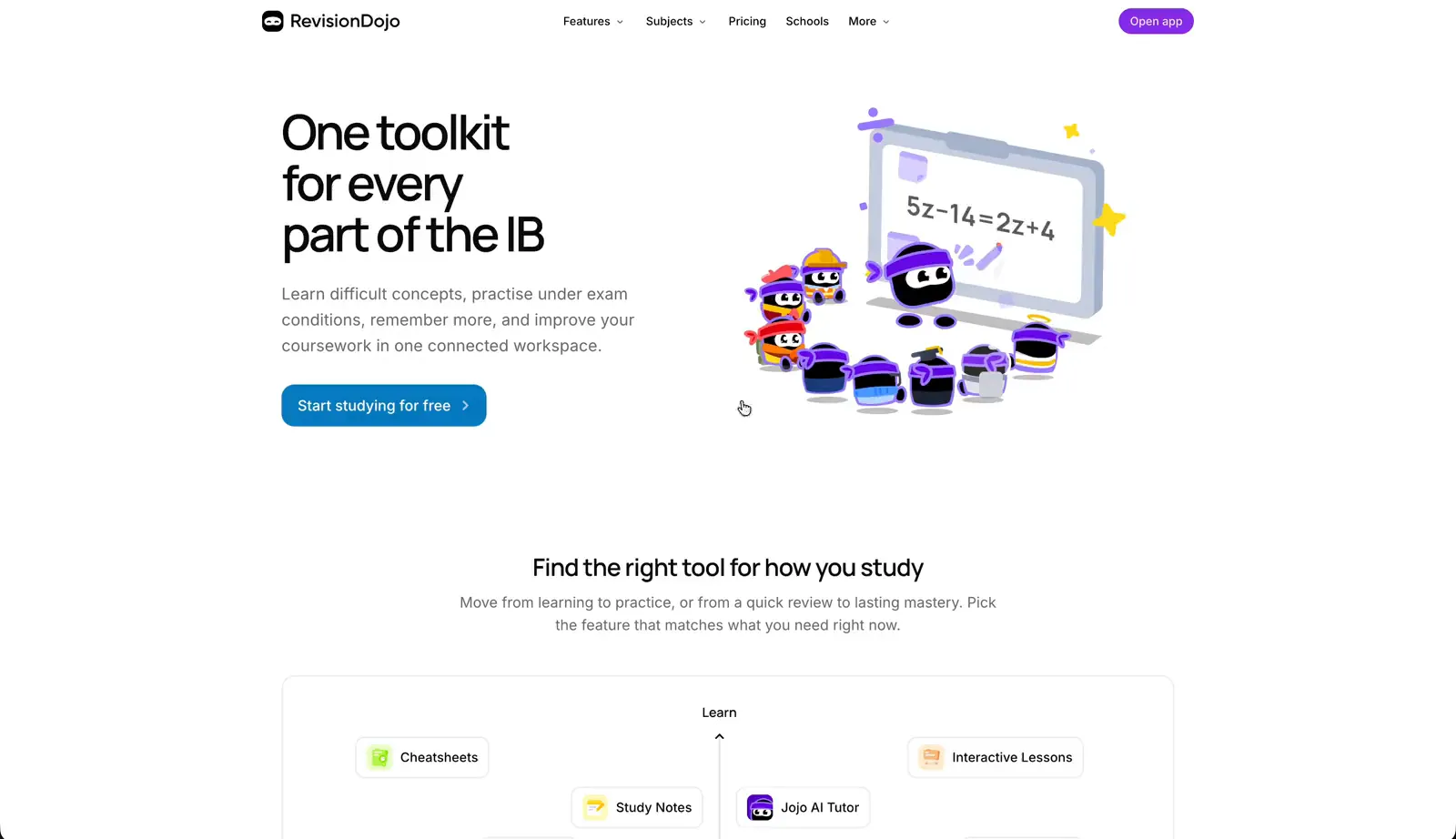 Screen recording scrolling through RevisionDojo’s features page, from the One toolkit for every part of the IB hero through the practice and learn tool lists
