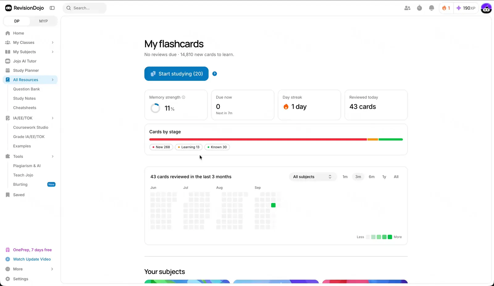 Screen recording of RevisionDojo flashcards: the My flashcards dashboard with memory strength and a review heatmap, then an image-occlusion Biology card rated with Again, Hard, Good and Easy beside a progress panel