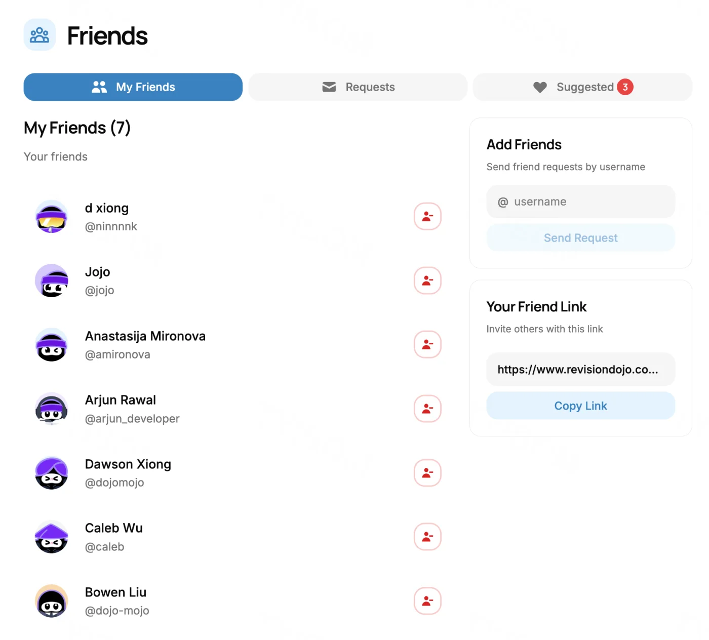RevisionDojo friends interface