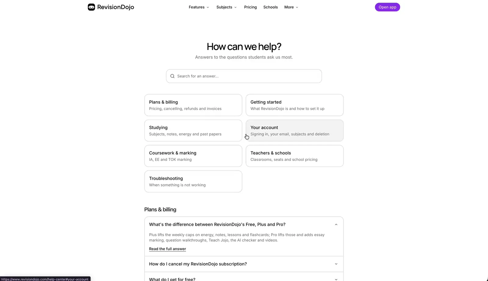 Screen recording of RevisionDojo’s help center: topic cards, then expandable FAQs on plans and billing, coursework and marking, and teachers and schools
