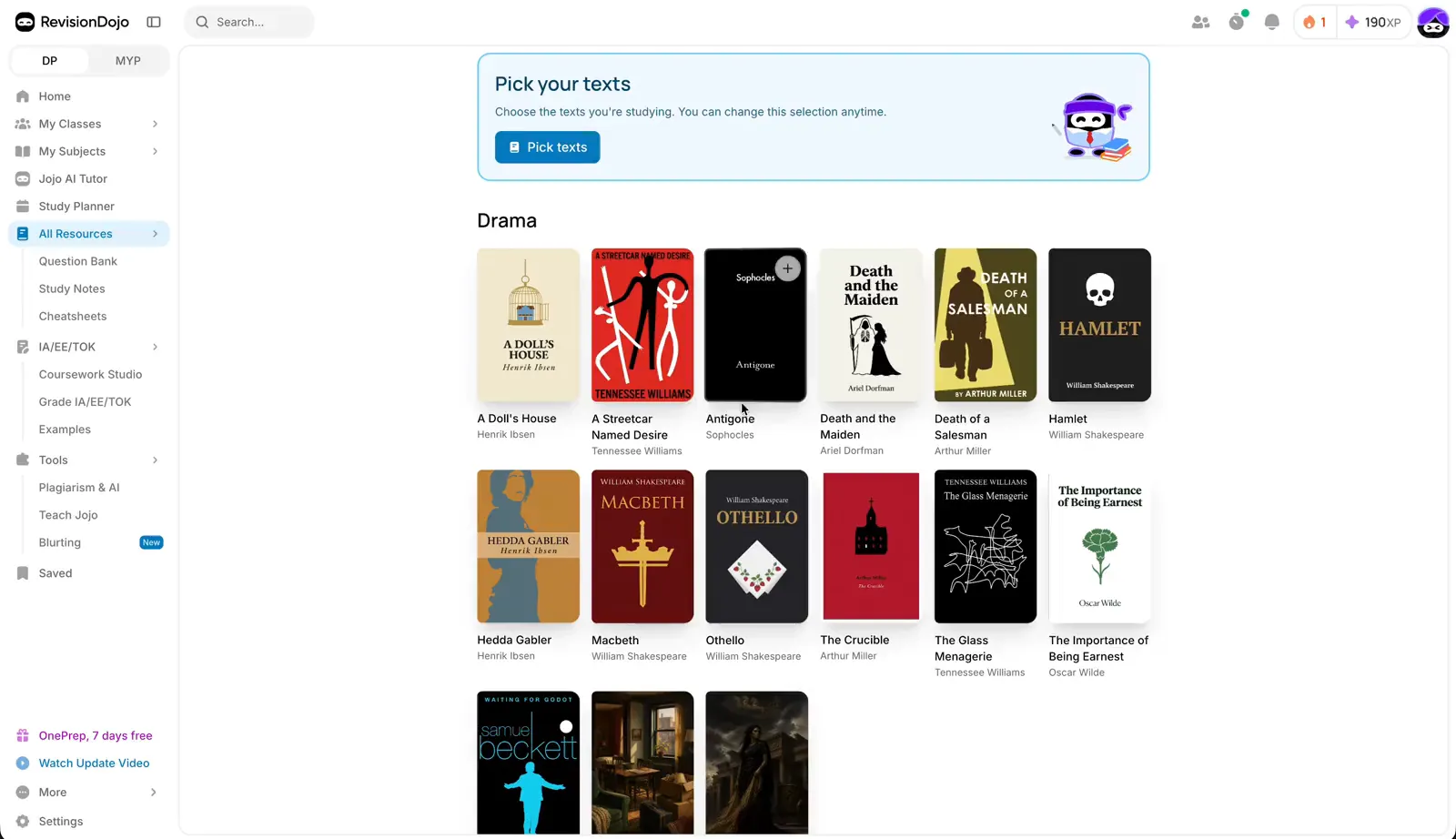 Screen recording of RevisionDojo’s literary hub: picking A Doll’s House from a shelf of drama texts, reading its summary, then its study modules of lessons, videos, practice questions and flashcards