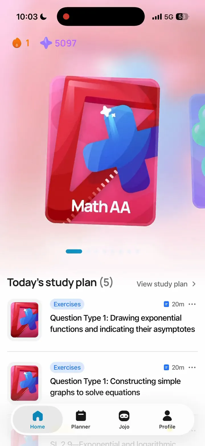 Screen recording of the RevisionDojo iOS app: the subject home and study plan, the weekly planner, a Jojo AI quiz, achievements, lessons, notes with definitions, and flashcards