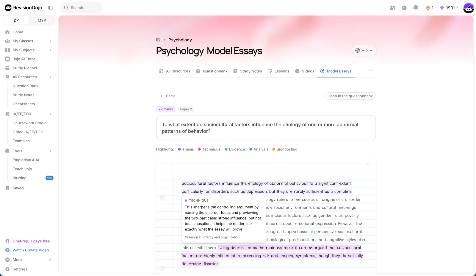 RevisionDojo Psychology model essay for a 22-mark Paper 2 question, highlighted by thesis, technique, evidence, analysis and signposting, with a tooltip explaining one technique highlight