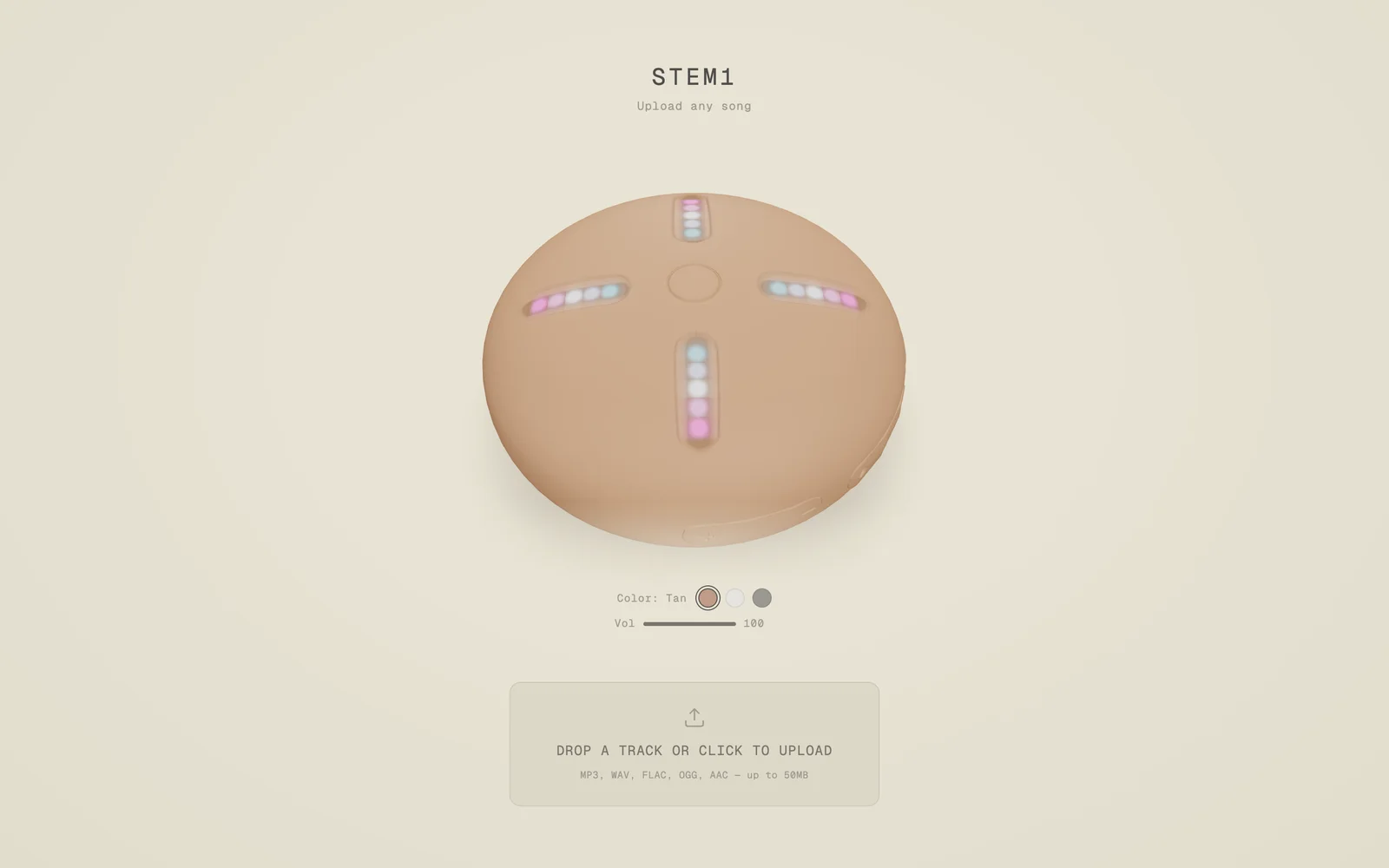 Stem Player web app with a 3D render of the tan device, its four LED grooves lit, above an upload zone