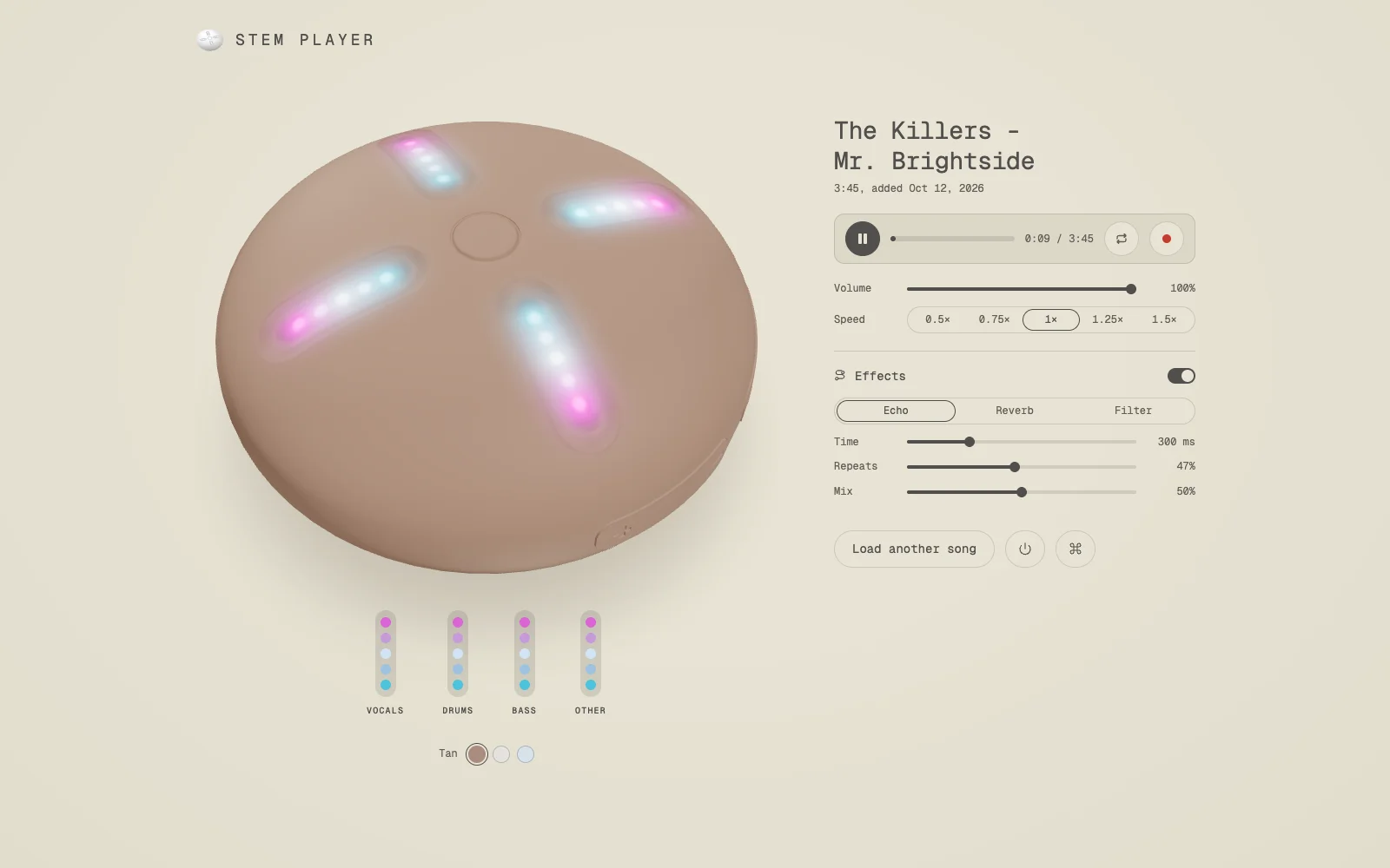 Stem Player playing Mr. Brightside with the effects panel open: Echo, Reverb and Filter tabs, with Echo's time, repeats and mix sliders, above the volume and speed controls