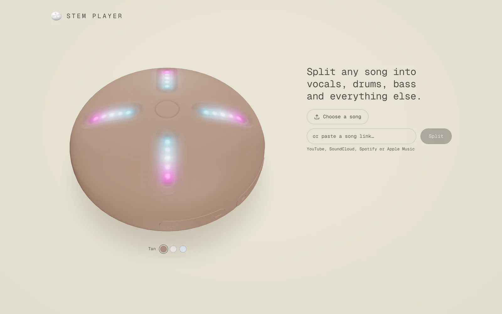 Stem Player home page: a 3D render of the tan device with its four LED grooves lit, beside the headline Split any song into vocals, drums, bass and everything else, a Choose a song button and a box to paste a YouTube, SoundCloud, Spotify or Apple Music link
