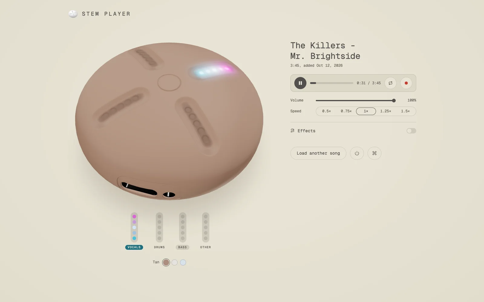 Screen recording of Stem Player: pasting a YouTube link to Mr. Brightside, the progress steps as a GPU splits it into stems, then turning the vocals and drums down and isolating the vocals and bass