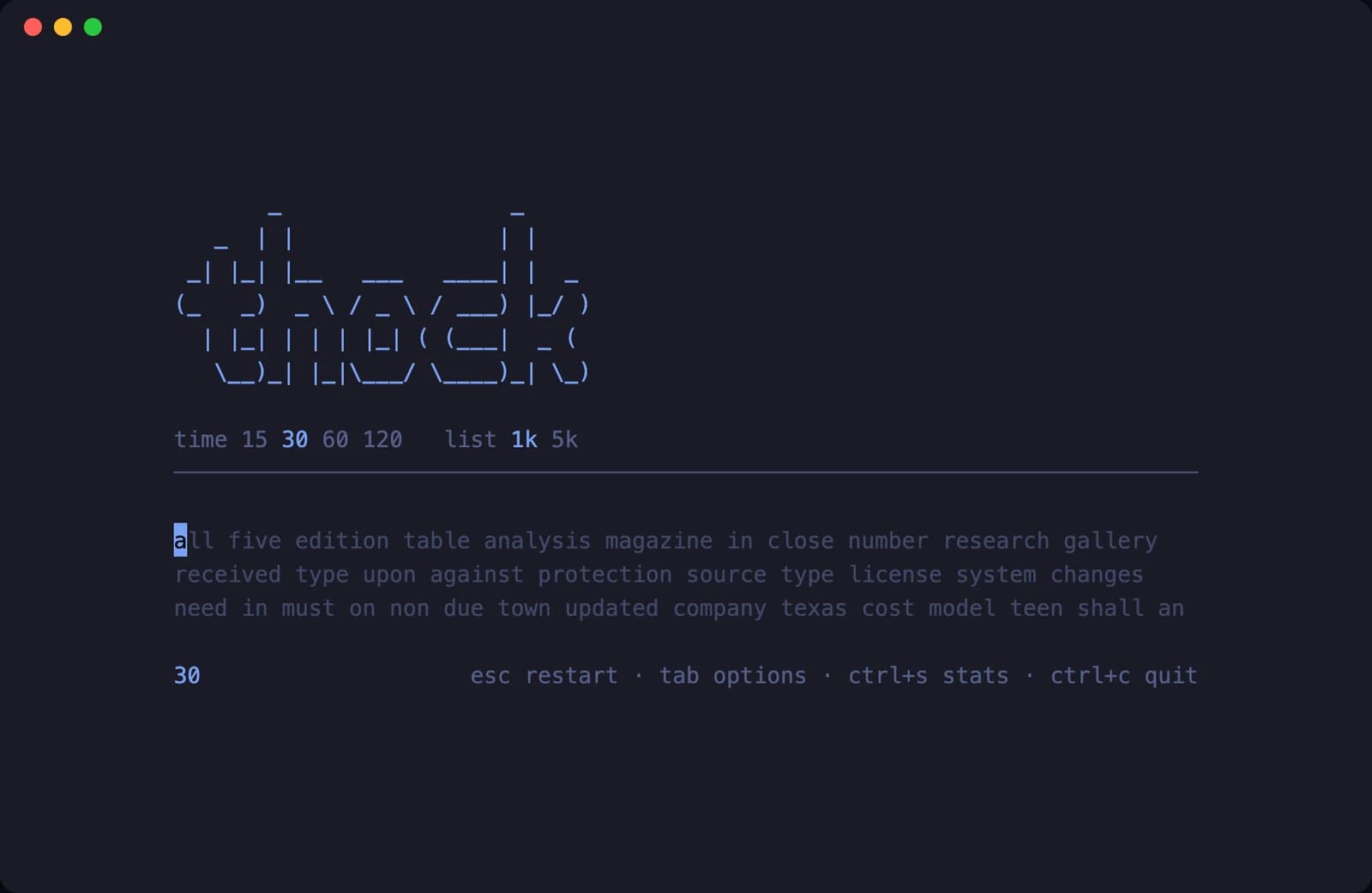 Thock start screen: the ASCII thock banner above the time and word-list options, with the first three lines of words waiting to be typed