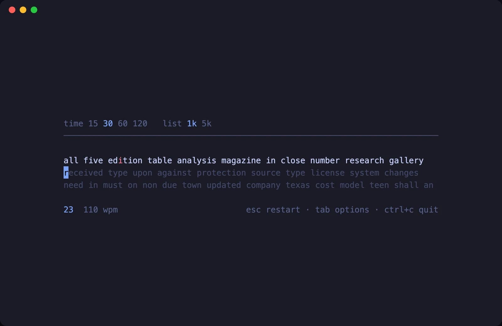 Thock mid-test with typed words in white, a mistyped letter in red and upcoming words dimmed, live wpm in the corner